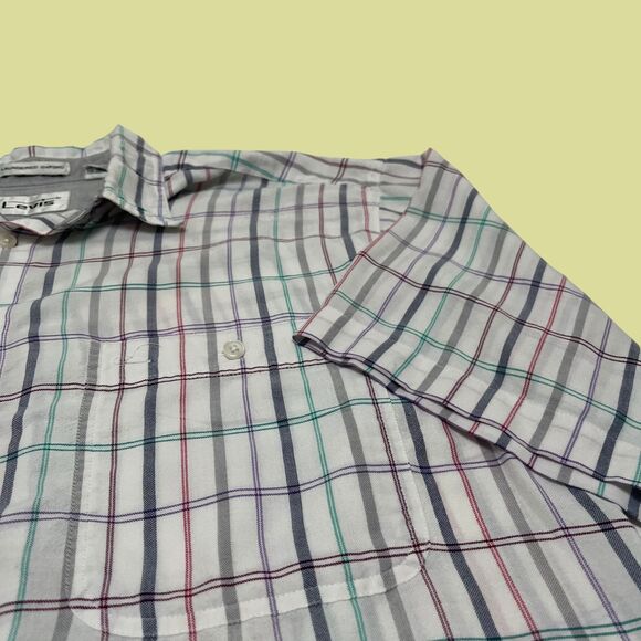 90s Levis shirt, vintage mens L plaid teal/purple casual button down - Picture 4 of 8
